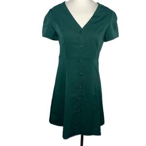 RIHOAS Women's Green Button Front V Neck Short Sleeve A Line Mini Dress‎ Size M